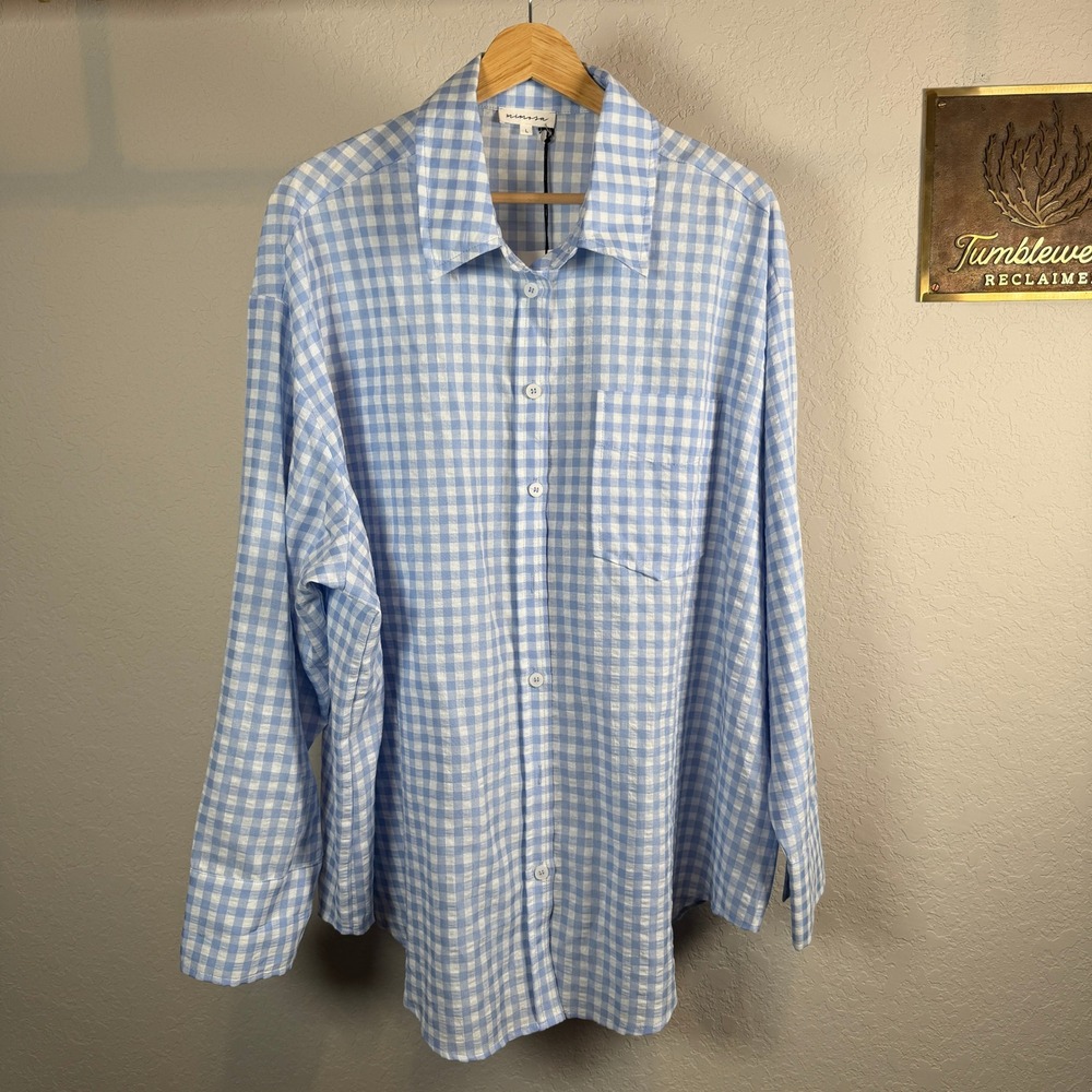 Mimosa Blue White Gingham Check Button Down Shirt Long Sleeve MT1595 Mens Large‎